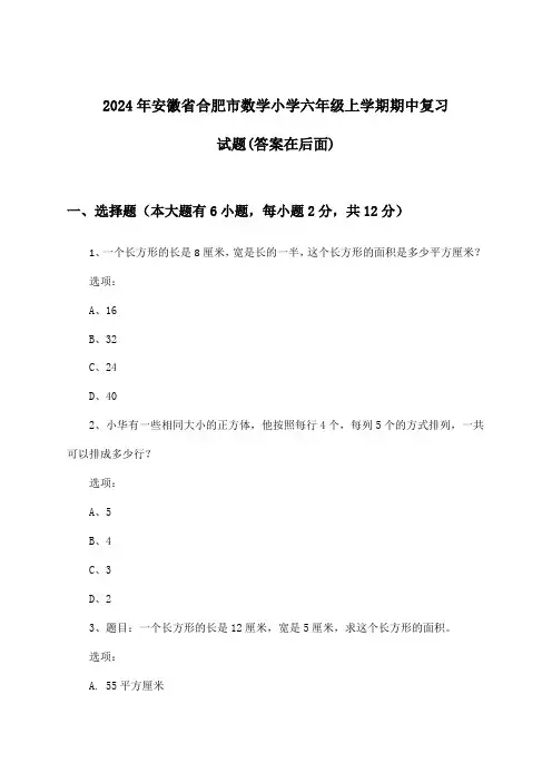 2024年安徽省合肥市小学六年级上学期期中数学试题及答案指导