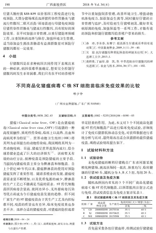 不同商品化猪瘟病毒C株ST细胞苗临床免疫效果的比较