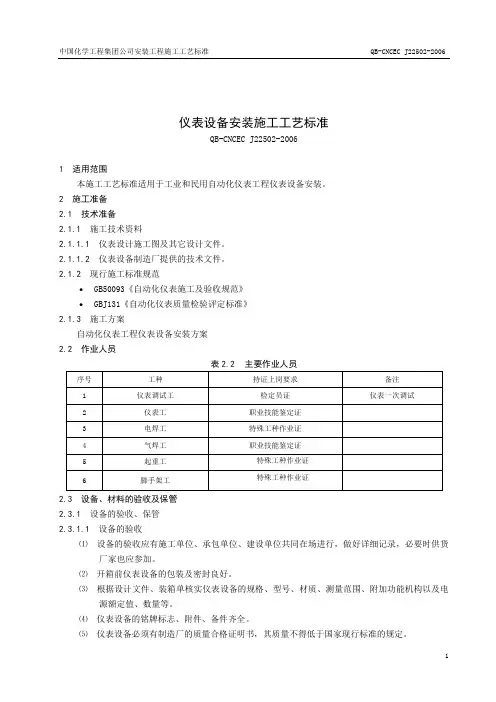 22502 仪表设备安装施工工艺标准