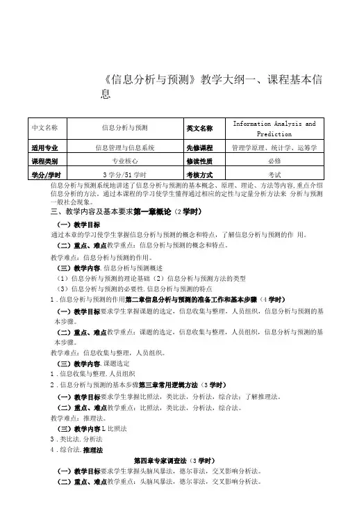 《信息分析与预测》课程教学大纲