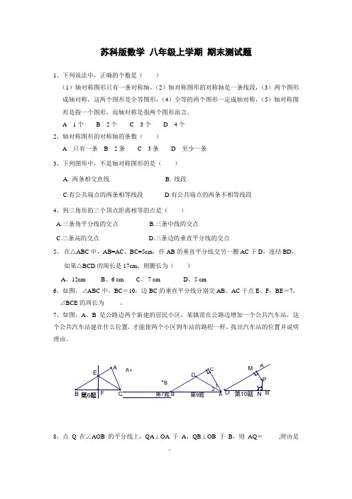 【阶段检测】苏科版数学八年级上册   期末测试题 (1)  含答案