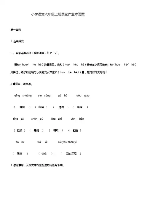 人教版六年级上册语文课堂作业本答案