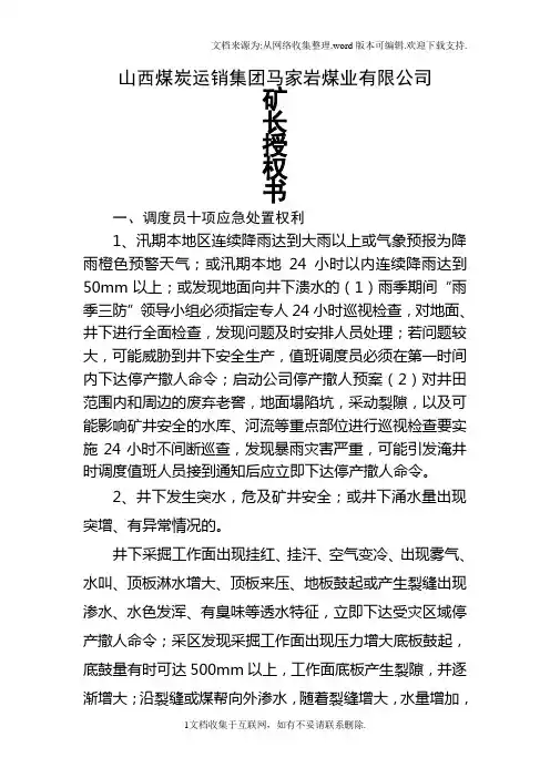煤业有限公司煤矿调度员十项矿长授权细则