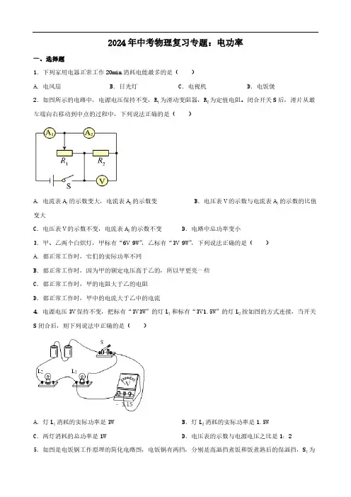 2024年中考物理复习专题：电功率(含答案)