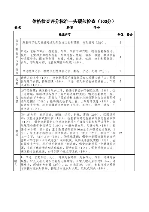 头颈部检查体格检查评分标准