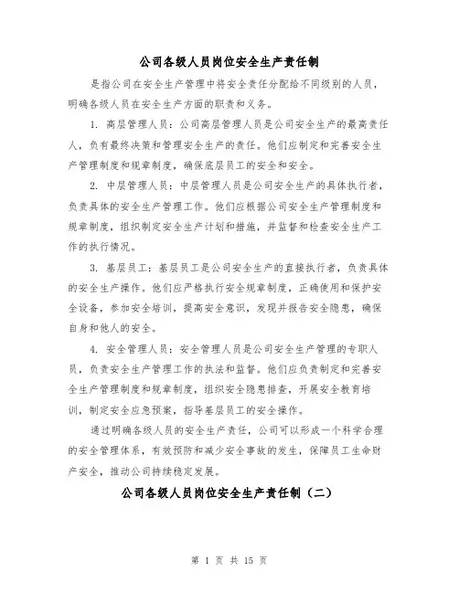 公司各级人员岗位安全生产责任制（三篇）