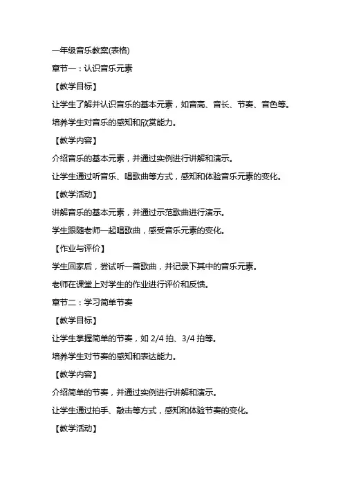 一年级音乐教案(表格)