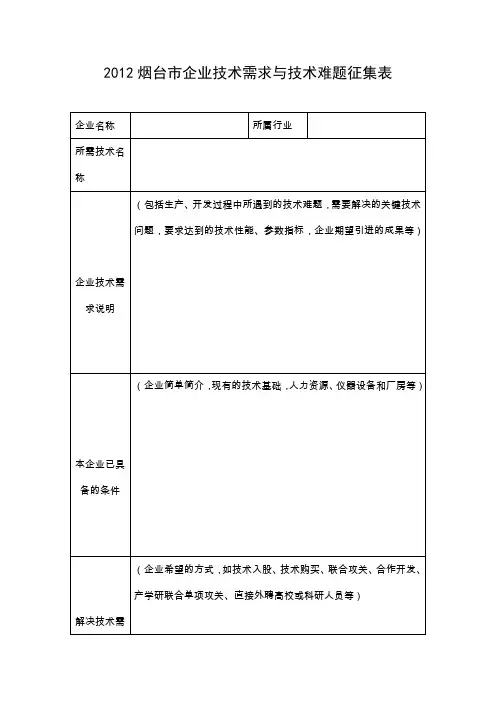 2012烟台市企业技术需求与技术难题征集表