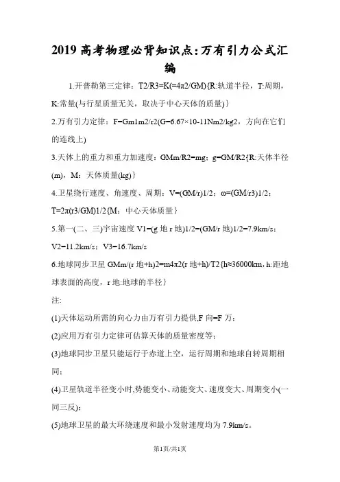高考物理必背知识点：万有引力公式汇编