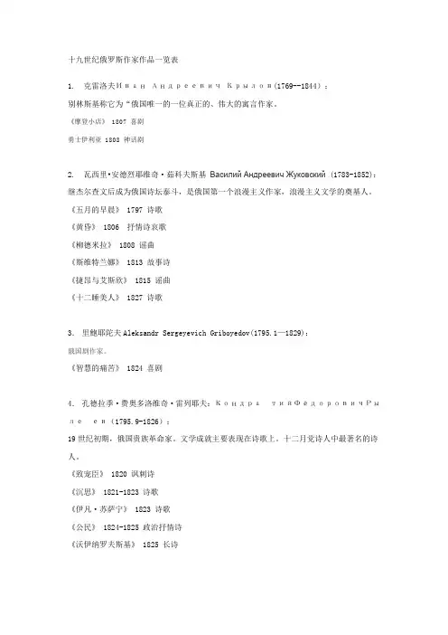 十九世纪俄罗斯作家作品一览表