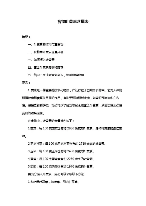 食物叶黄素含量表