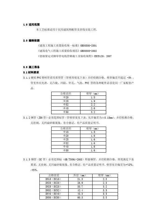 电气配管配线安装工程工艺及质量标准