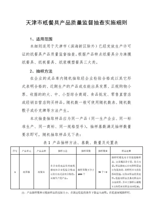 纸餐具产品质量监督抽查实施细则