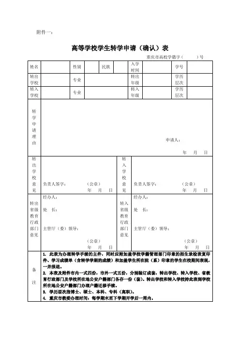 西南大学 高等学校学生转学申请(确认)表