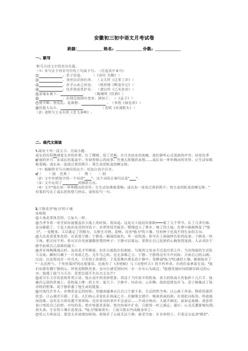 安徽初三初中语文月考试卷带答案解析
