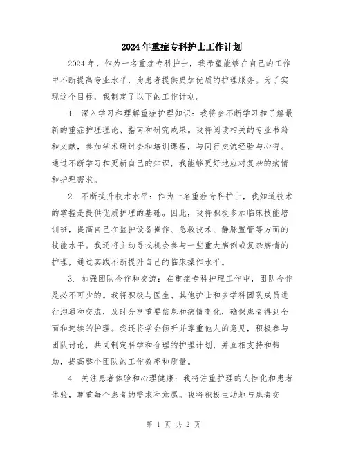 2024年重症专科护士工作计划