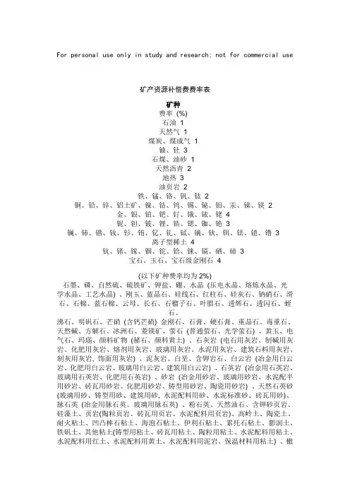矿产资源补偿费费率表