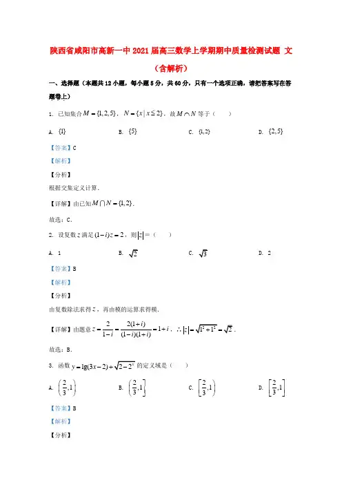 陕西省咸阳市高新一中2021届高三数学上学期期中质量检测试题文含解析