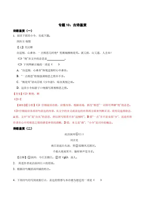专题10：古诗鉴赏-2024年中考语文一轮复习综合强化训练解析版
