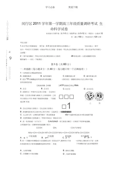 闵行区高三一模生物