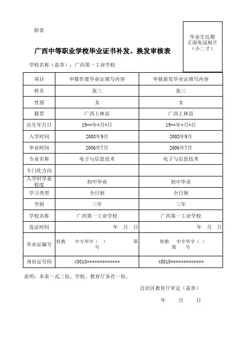 广西中等职业学校毕业证书补发、换发审核表-示范样表