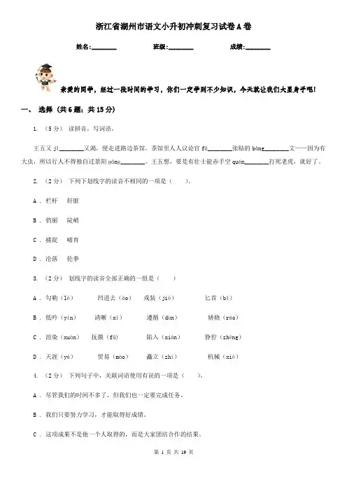浙江省湖州市语文小升初冲刺复习试卷A卷