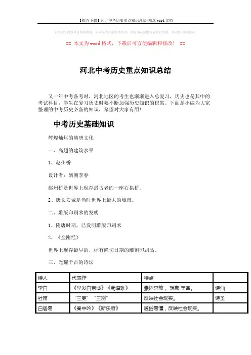 【推荐下载】河北中考历史重点知识总结-精选word文档 (7页)