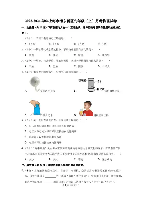 2023-2024学年上海市浦东新区九年级(上)月考物理试卷(含答案)