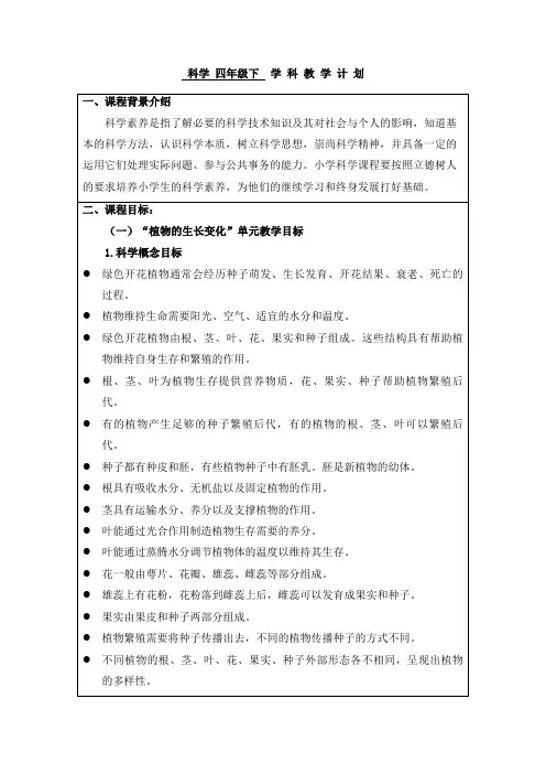 新教科版科学四年级下册全册教学计划【教学进度】