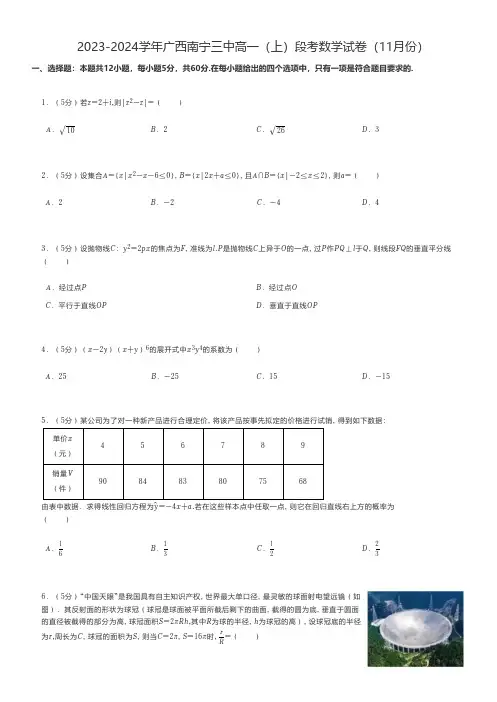 高中数学 2023-2024学年广西南宁高一(上)段考数学试卷(11月份)