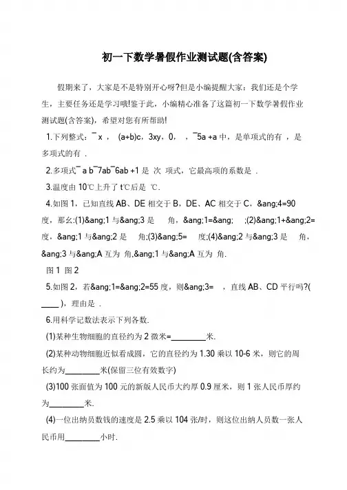 初一下数学暑假作业测试题(含答案)