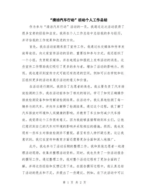 “清洁汽车行动”活动个人工作总结