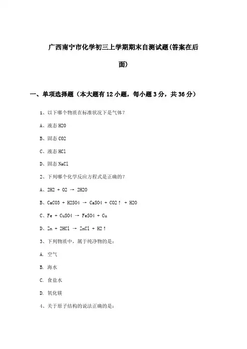 广西南宁市初三上学期期末化学试题与参考答案