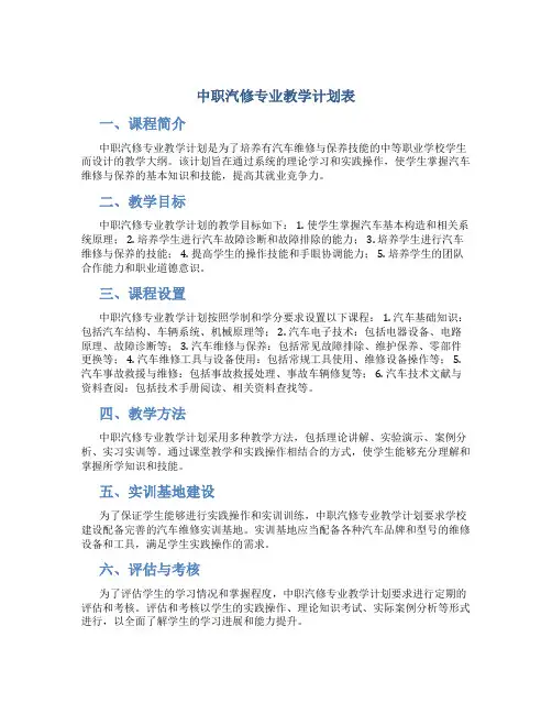 中职汽修专业教学计划表