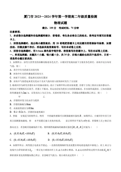 福建省厦门市2023-2024学年高二上学期期末考试物理