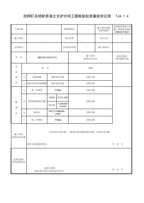 挂网钉及喷射混凝土支护分项工程检验批质量验收记录