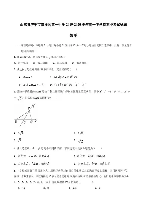 山东省济宁市嘉祥县第一中学2019-2020学年高一下学期期中考试试题 数学【含答案】