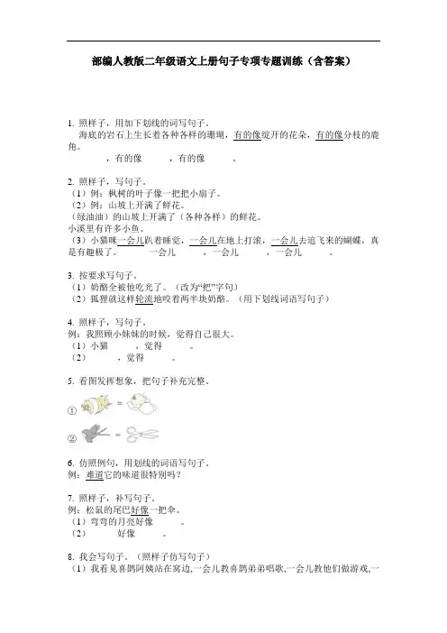 部编人教版二年级语文上册句子专项专题训练(含答案)