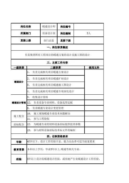 暖通设计师岗位说明书