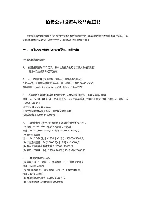 拍卖公司投资与收益预算书