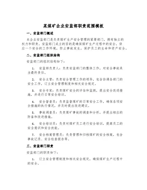 某煤矿企业安监部职责范围模板
