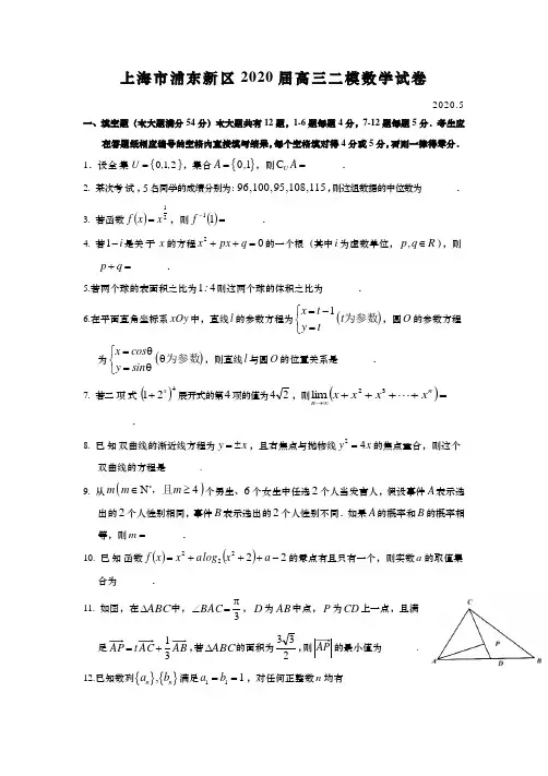 上海市浦东新区2020年高中数学高考二模卷(逐题详解版)