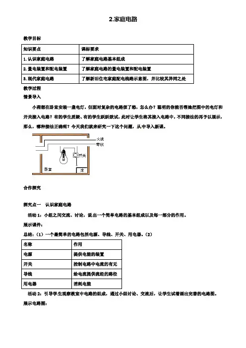 秋九年级物理下册第九章家庭用电2家庭电路教案新版教科版2