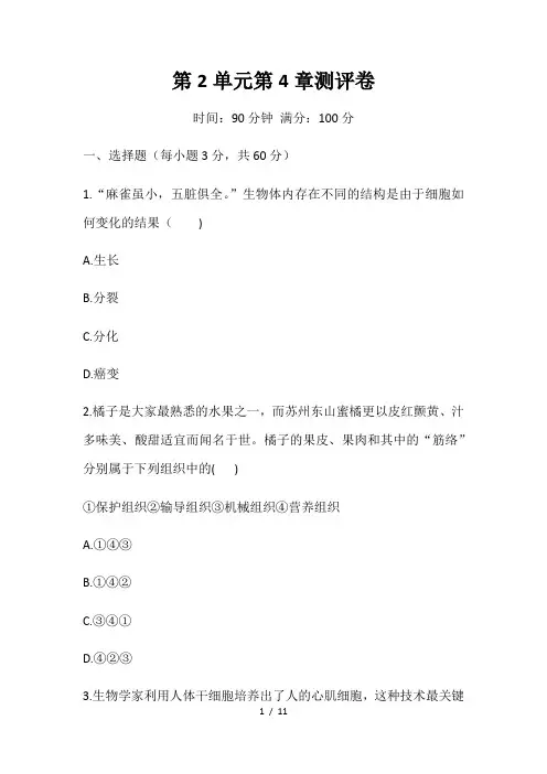 北师大版七年级上册生物 第2单元第4章生物体的结构层次测评卷(word版,含答案)