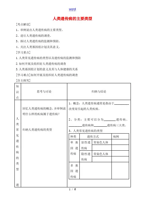 高中生物 第六章 遗传与人类健康 第一节 人类遗传病的主要类型教案4 浙科版必修2-浙科版高一必修2