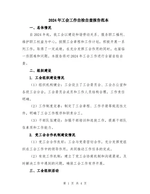 2024年工会工作自检自查报告范本