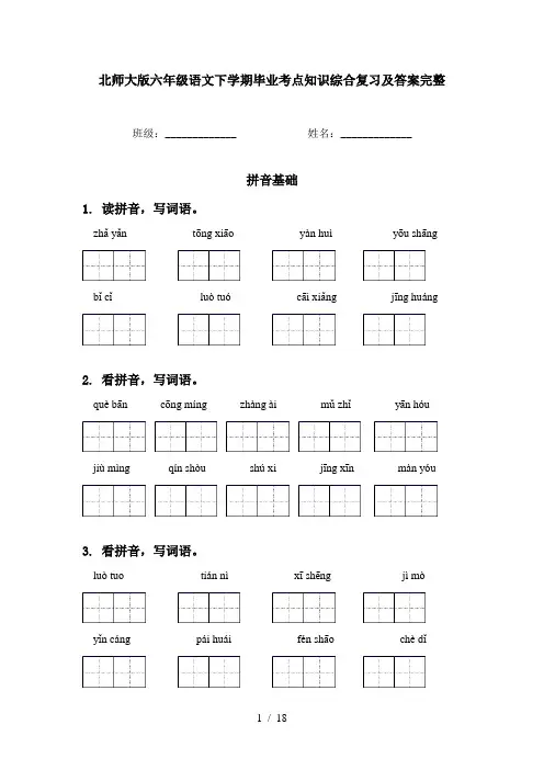 北师大版六年级语文下学期毕业考点知识综合复习及答案完整