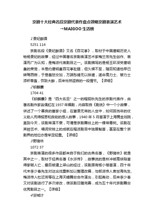京剧十大经典名段京剧代表作盘点领略京剧表演艺术→MAIGOO生活榜