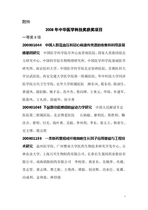 2008年中华医学科技奖获奖项目