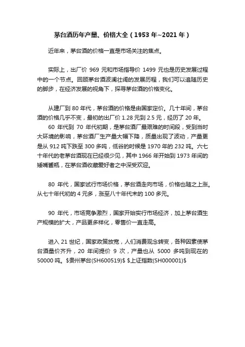 茅台酒历年产量、价格大全（1953年~2021年）